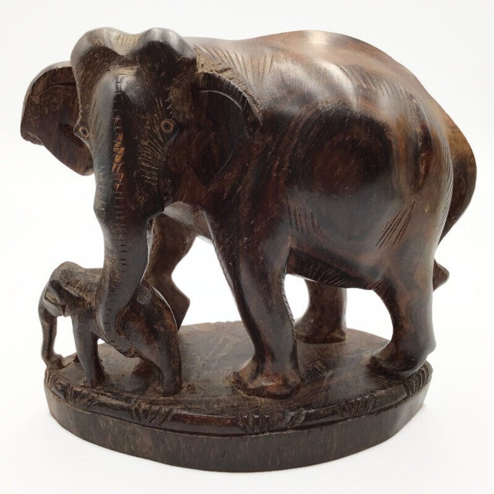 Vintage Hand Carved Elephant Adult Mom Baby Solid Wood Art Statue Figurine Base